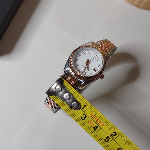 6 Inch Two Tone Metal Stretch Watch With White Dial - Picture 9 of 12